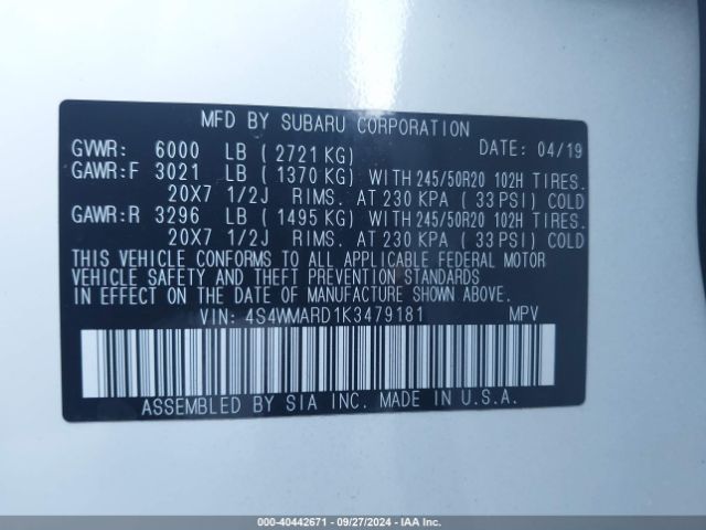 Photo 8 VIN: 4S4WMARD1K3479181 - SUBARU ASCENT 