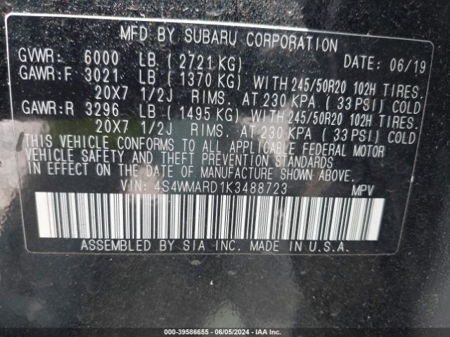 Photo 8 VIN: 4S4WMARD1K3488723 - SUBARU ASCENT 