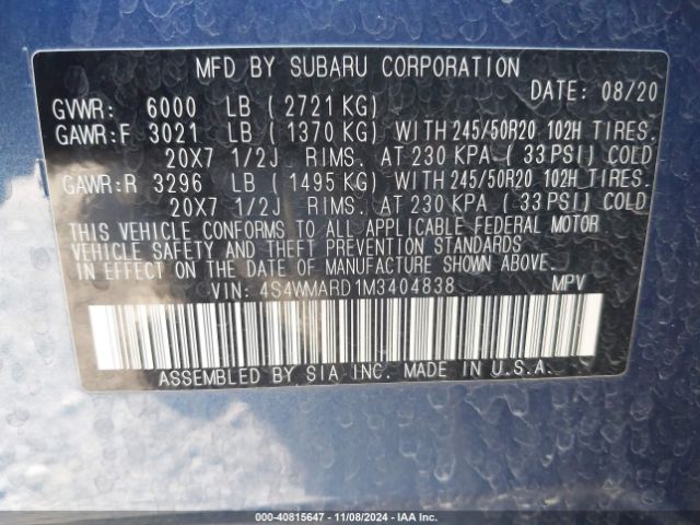 Photo 8 VIN: 4S4WMARD1M3404838 - SUBARU ASCENT 