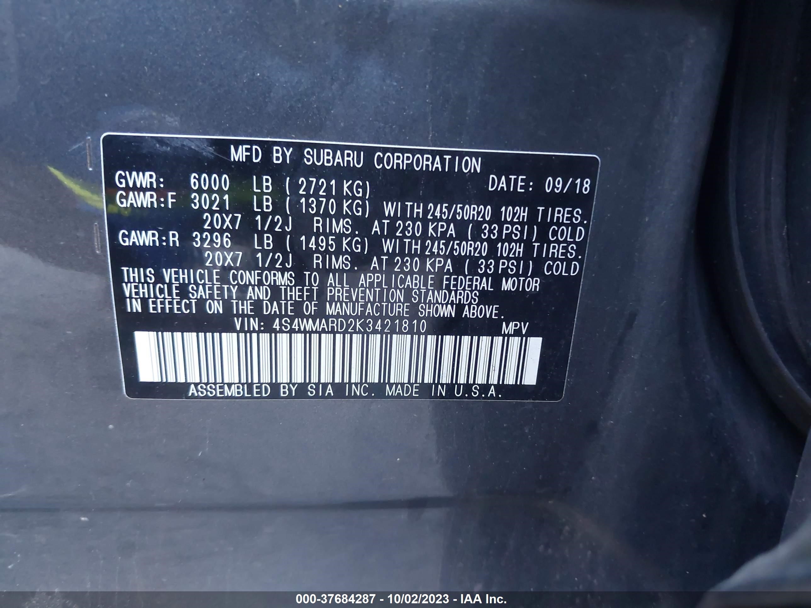 Photo 8 VIN: 4S4WMARD2K3421810 - SUBARU ASCENT 