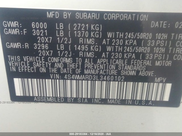 Photo 8 VIN: 4S4WMARD3L3460102 - SUBARU ASCENT 