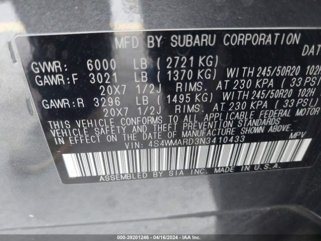 Photo 8 VIN: 4S4WMARD3N3410433 - SUBARU ASCENT 