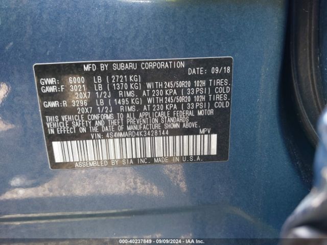 Photo 8 VIN: 4S4WMARD4K3428144 - SUBARU ASCENT 