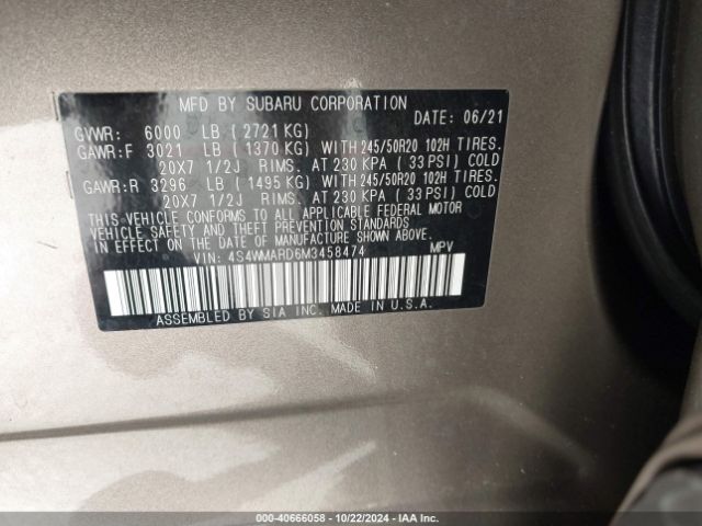 Photo 8 VIN: 4S4WMARD6M3458474 - SUBARU ASCENT 