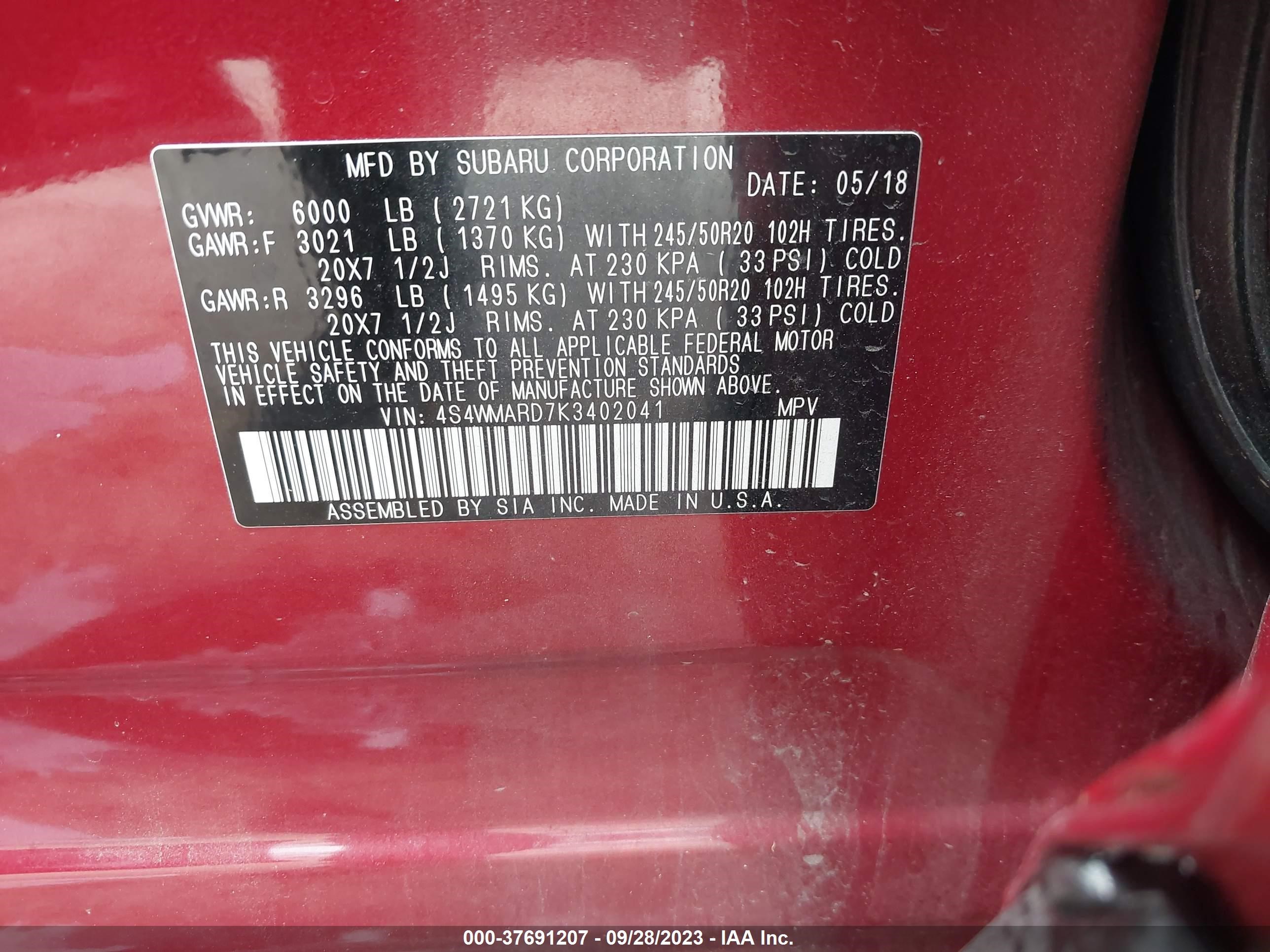 Photo 8 VIN: 4S4WMARD7K3402041 - SUBARU ASCENT 