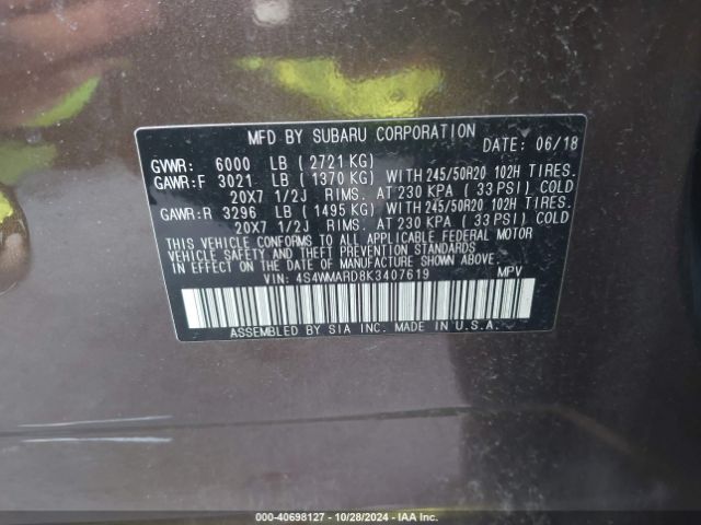 Photo 8 VIN: 4S4WMARD8K3407619 - SUBARU ASCENT 