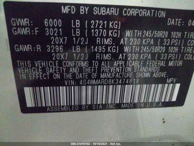 Photo 8 VIN: 4S4WMARD8K3474818 - SUBARU ASCENT 