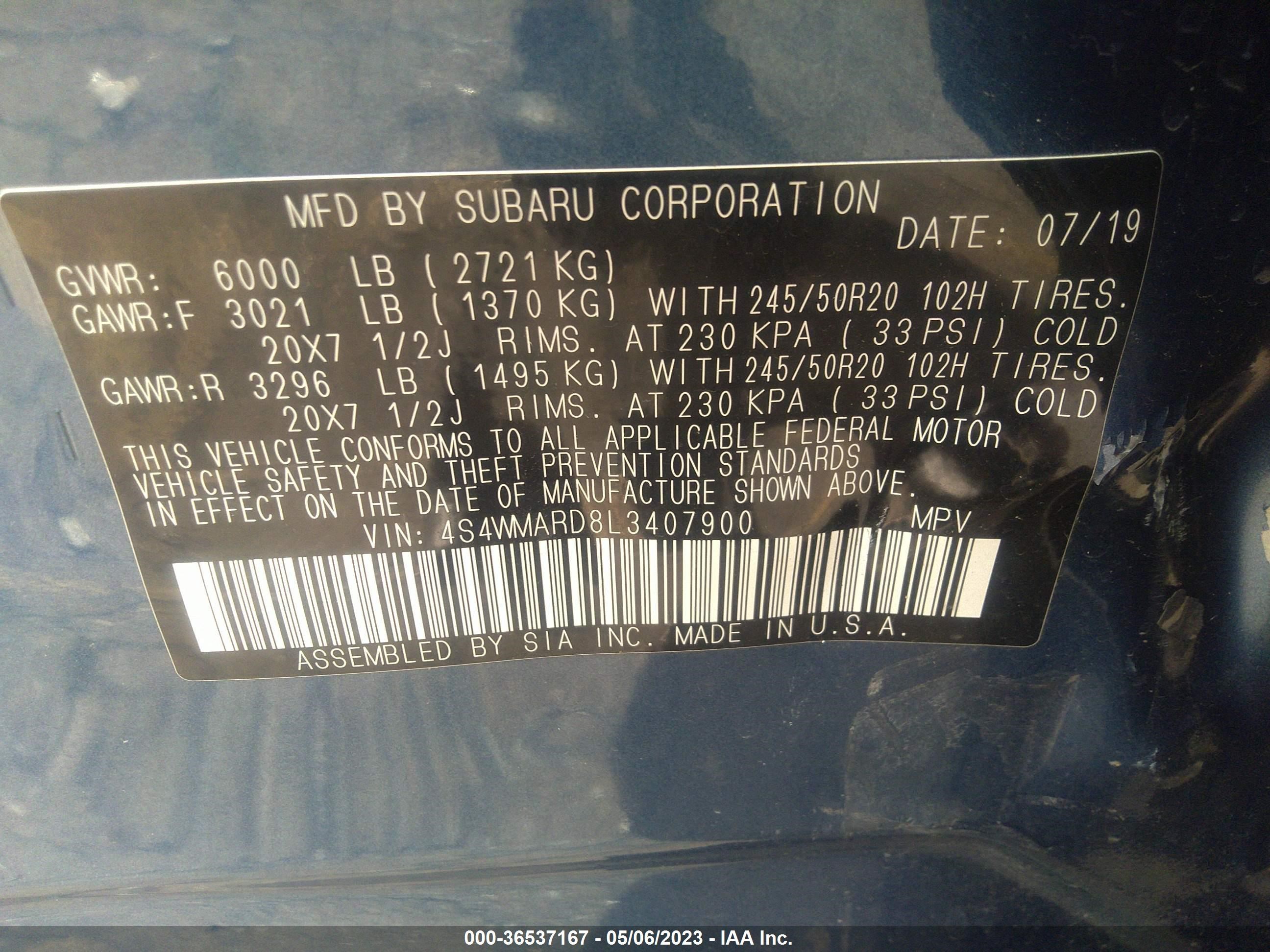 Photo 8 VIN: 4S4WMARD8L3407900 - SUBARU ASCENT 