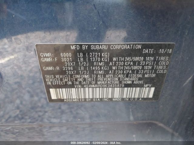 Photo 8 VIN: 4S4WMARD9K3435879 - SUBARU ASCENT 