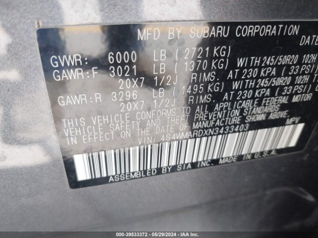 Photo 8 VIN: 4S4WMARDXN3433403 - SUBARU ASCENT 