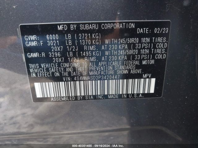 Photo 8 VIN: 4S4WMASD2P3420447 - SUBARU ASCENT 