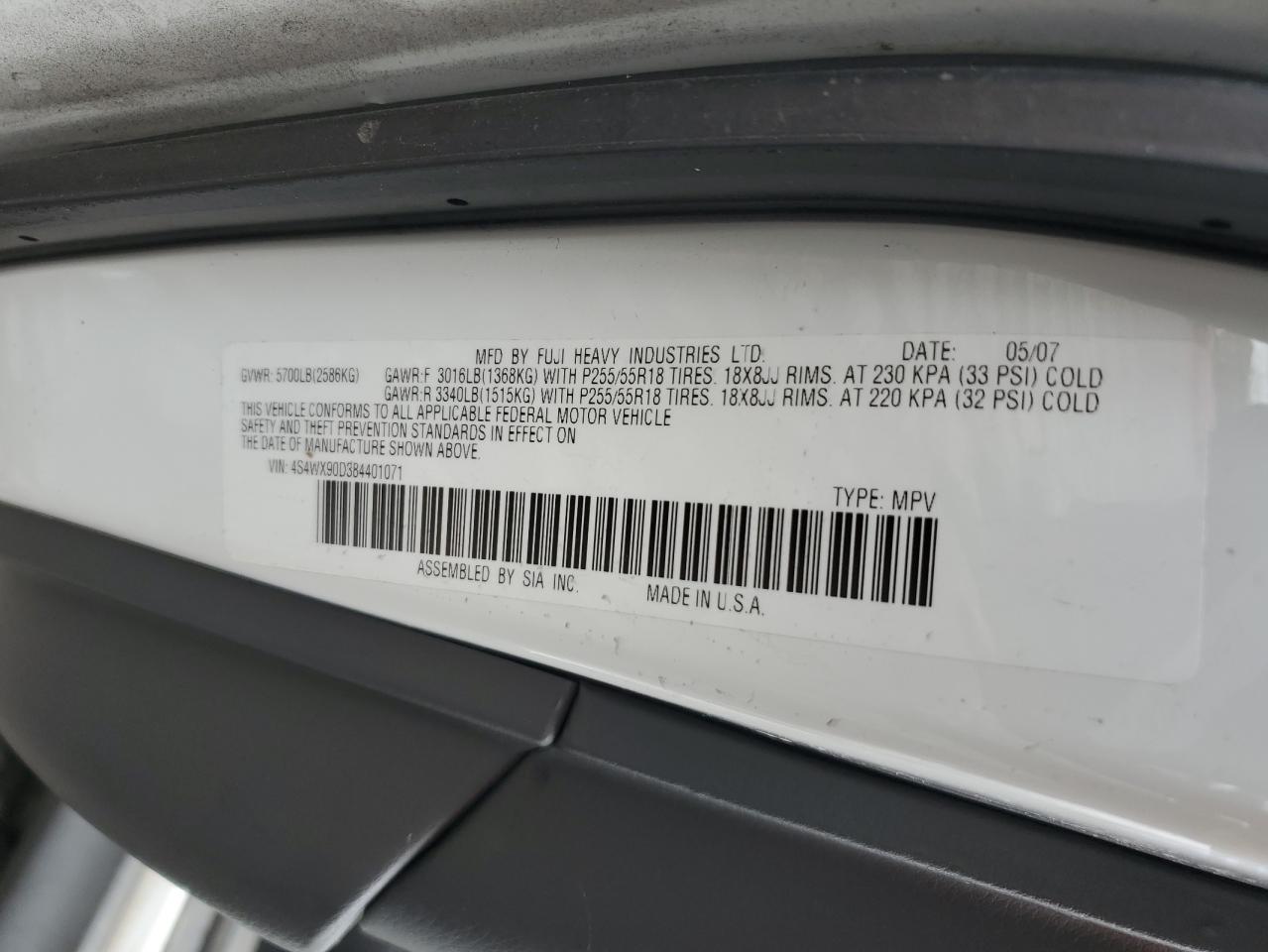 Photo 12 VIN: 4S4WX90D384401071 - SUBARU TRIBECA 