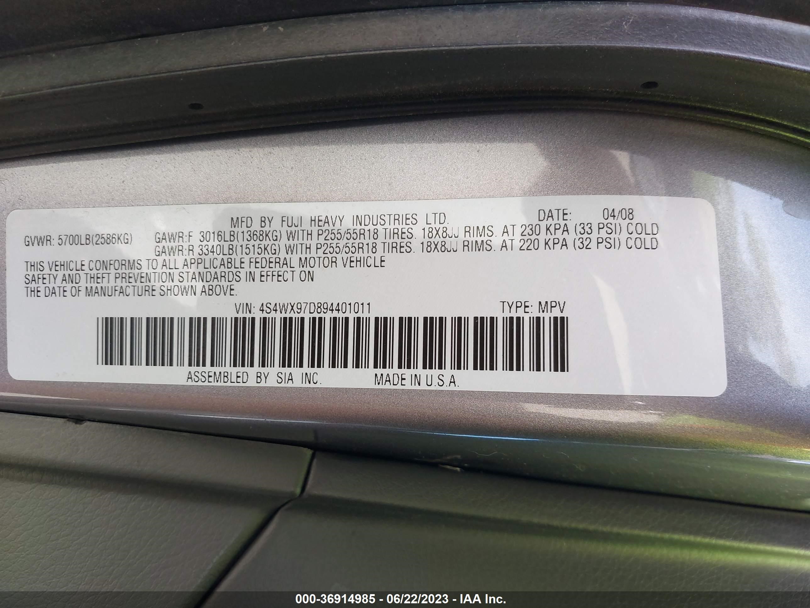 Photo 8 VIN: 4S4WX97D894401011 - SUBARU TRIBECA 