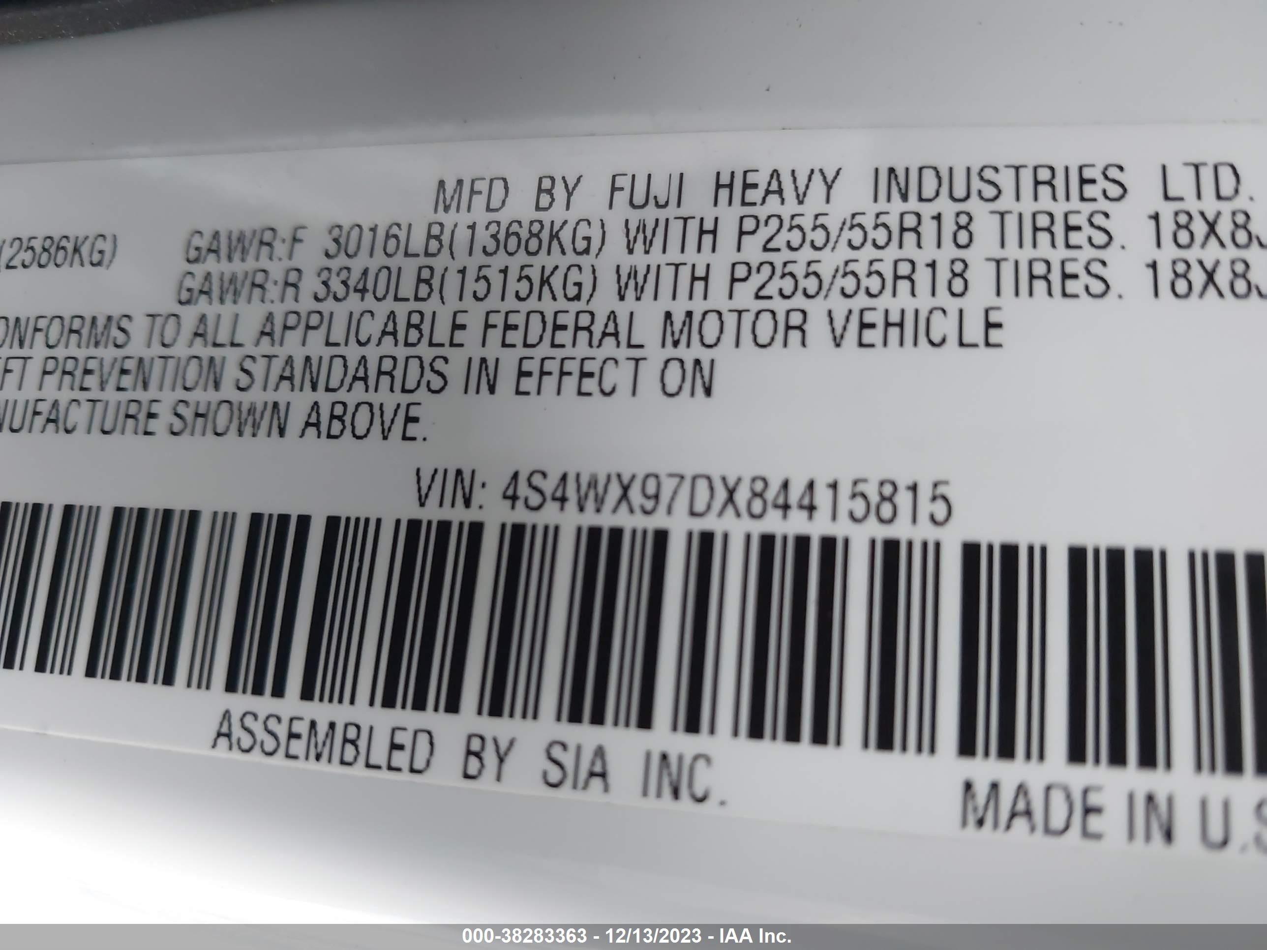 Photo 8 VIN: 4S4WX97DX84415815 - SUBARU TRIBECA 