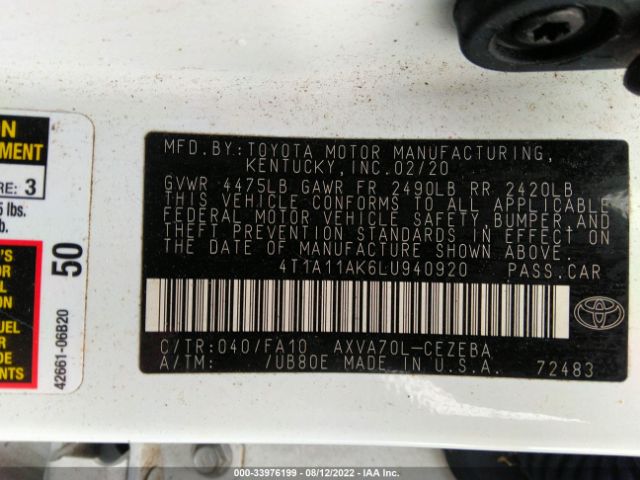 Photo 8 VIN: 4T1A11AK6LU940920 - TOYOTA CAMRY 