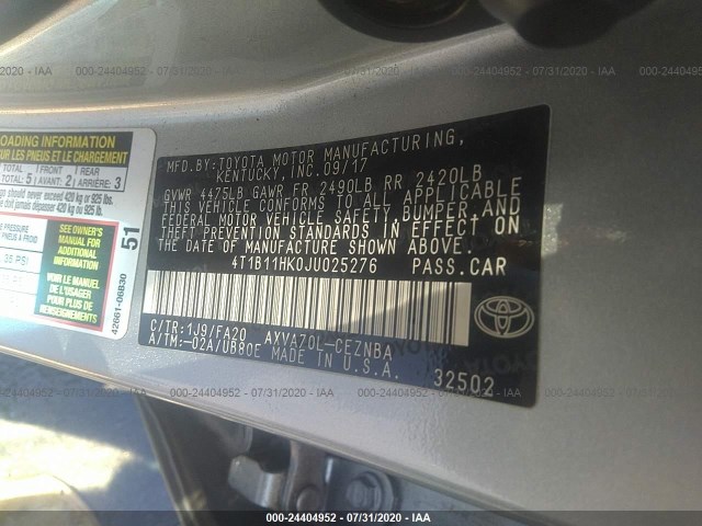 Photo 8 VIN: 4T1B11HK0JU025276 - TOYOTA CAMRY 