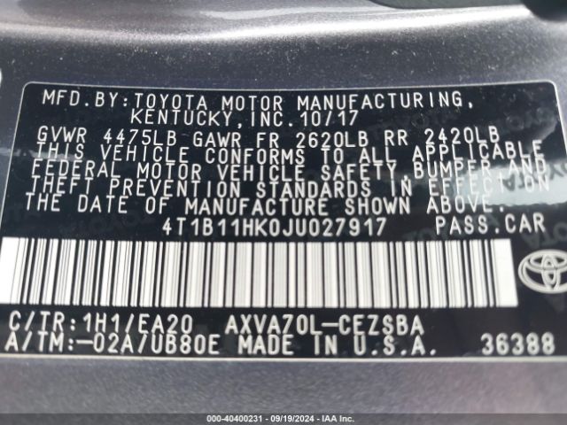 Photo 8 VIN: 4T1B11HK0JU027917 - TOYOTA CAMRY 