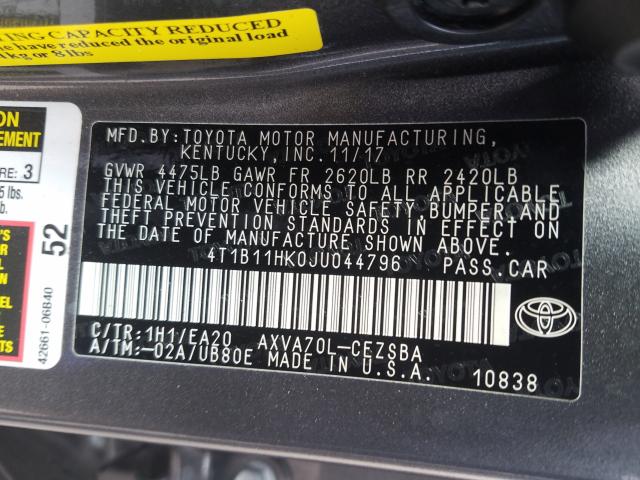 Photo 9 VIN: 4T1B11HK0JU044796 - TOYOTA CAMRY L 