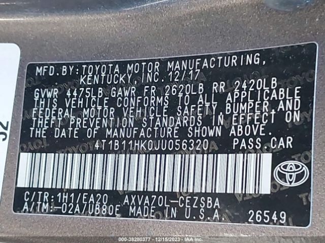 Photo 8 VIN: 4T1B11HK0JU056320 - TOYOTA CAMRY 