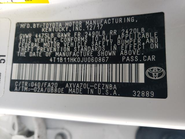 Photo 9 VIN: 4T1B11HK0JU060867 - TOYOTA CAMRY L 