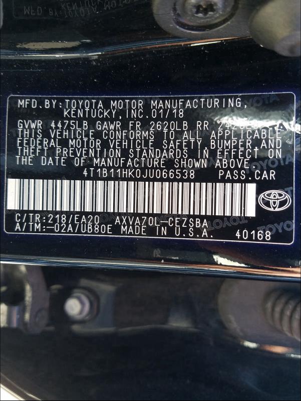 Photo 9 VIN: 4T1B11HK0JU066538 - TOYOTA CAMRY 