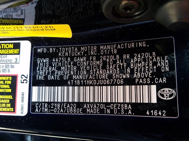 Photo 9 VIN: 4T1B11HK0JU067706 - TOYOTA CAMRY L 