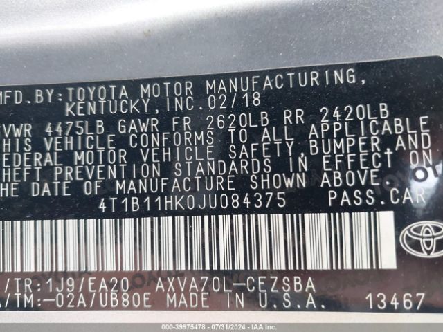 Photo 8 VIN: 4T1B11HK0JU084375 - TOYOTA CAMRY 