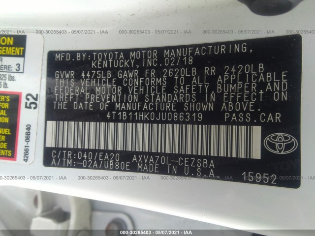 Photo 8 VIN: 4T1B11HK0JU086319 - TOYOTA CAMRY 