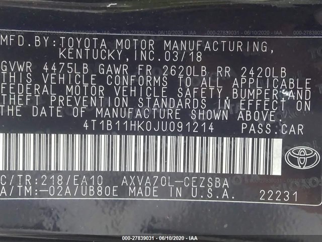 Photo 8 VIN: 4T1B11HK0JU091214 - TOYOTA CAMRY 