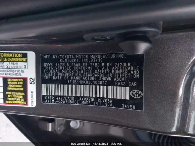 Photo 8 VIN: 4T1B11HK0JU100817 - TOYOTA CAMRY 