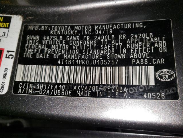 Photo 11 VIN: 4T1B11HK0JU105757 - TOYOTA CAMRY L 