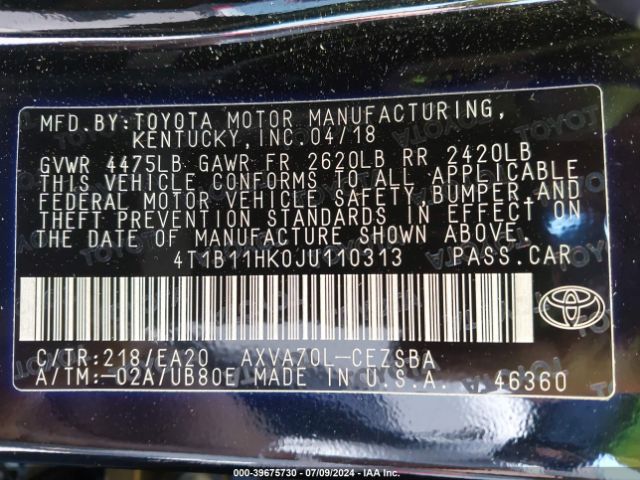 Photo 8 VIN: 4T1B11HK0JU110313 - TOYOTA CAMRY 