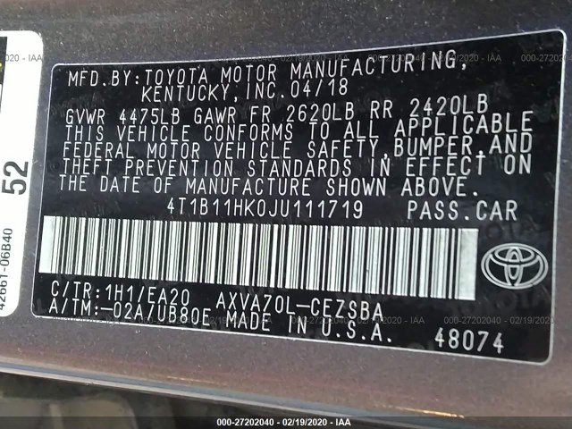 Photo 8 VIN: 4T1B11HK0JU111719 - TOYOTA CAMRY 