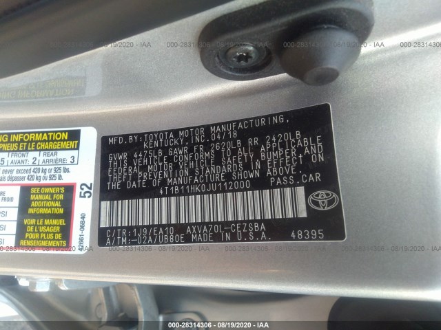 Photo 8 VIN: 4T1B11HK0JU112000 - TOYOTA CAMRY 