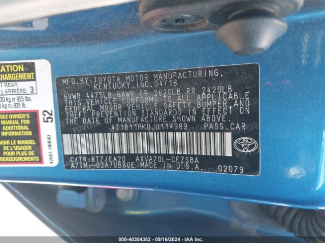 Photo 8 VIN: 4T1B11HK0JU114989 - TOYOTA CAMRY 