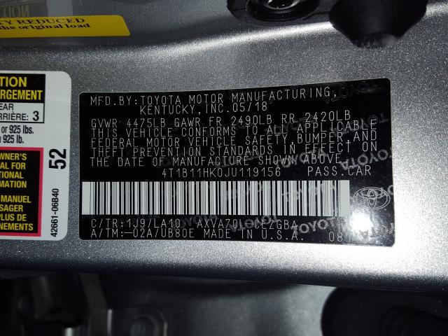 Photo 9 VIN: 4T1B11HK0JU119156 - TOYOTA CAMRY L 