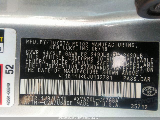 Photo 8 VIN: 4T1B11HK0JU132781 - TOYOTA CAMRY 