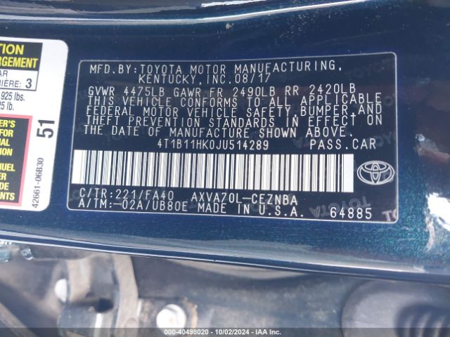 Photo 8 VIN: 4T1B11HK0JU514289 - TOYOTA CAMRY 