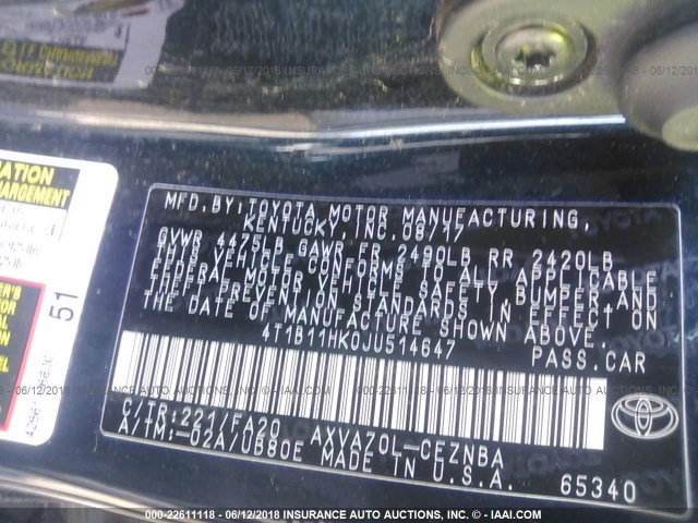 Photo 8 VIN: 4T1B11HK0JU514647 - TOYOTA CAMRY 