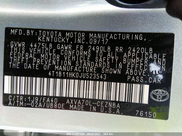 Photo 8 VIN: 4T1B11HK0JU523543 - TOYOTA CAMRY 