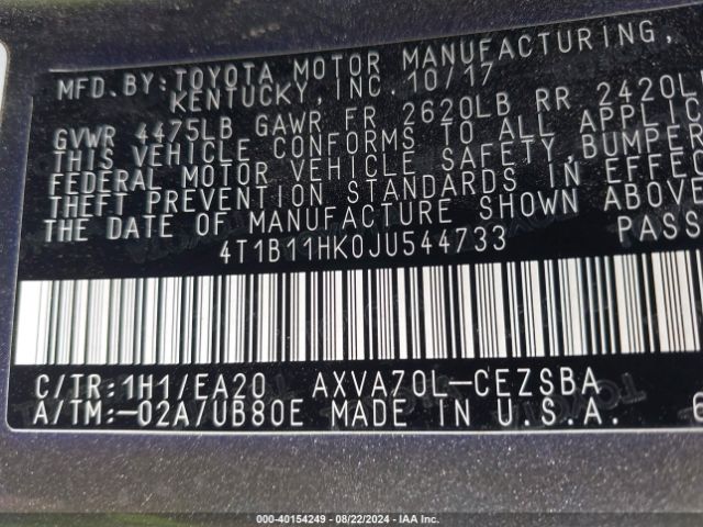 Photo 8 VIN: 4T1B11HK0JU544733 - TOYOTA CAMRY 