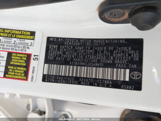 Photo 8 VIN: 4T1B11HK0JU549415 - TOYOTA CAMRY 