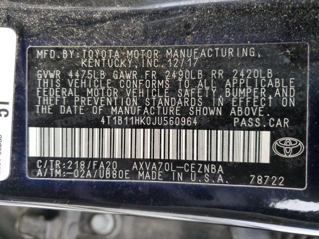 Photo 11 VIN: 4T1B11HK0JU560964 - TOYOTA CAMRY L 