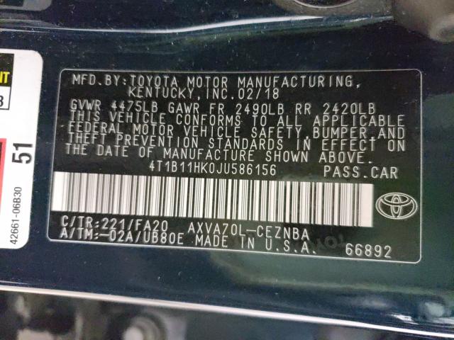 Photo 9 VIN: 4T1B11HK0JU586156 - TOYOTA CAMRY L 