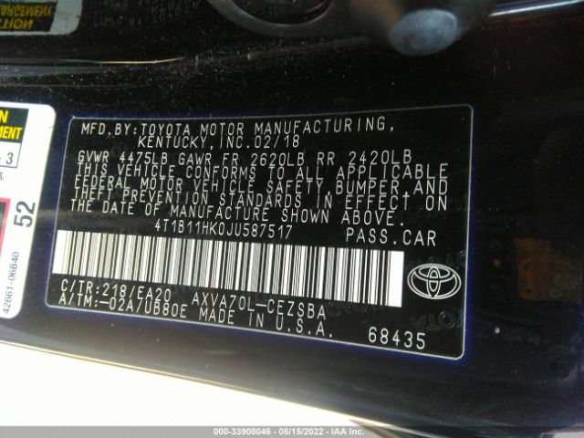 Photo 8 VIN: 4T1B11HK0JU587517 - TOYOTA CAMRY 