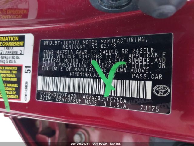 Photo 8 VIN: 4T1B11HK0JU591664 - TOYOTA CAMRY 