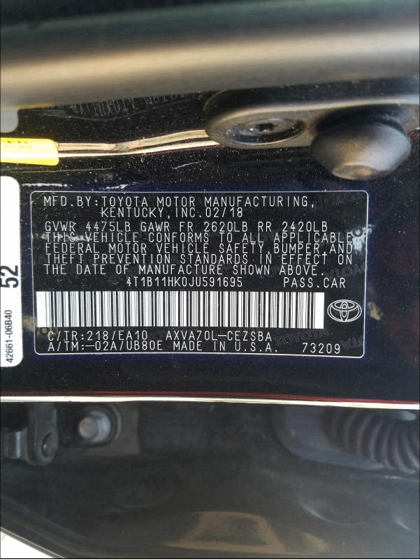 Photo 9 VIN: 4T1B11HK0JU591695 - TOYOTA CAMRY L 