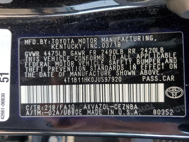 Photo 12 VIN: 4T1B11HK0JU597920 - TOYOTA CAMRY L 