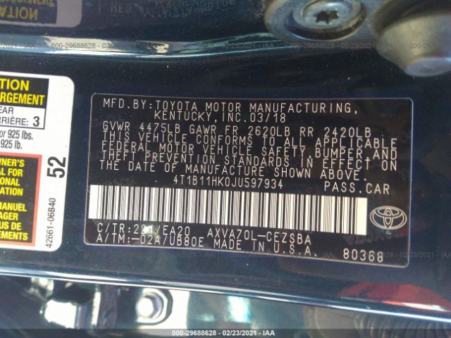 Photo 8 VIN: 4T1B11HK0JU597934 - TOYOTA CAMRY 