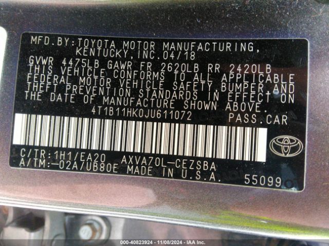 Photo 8 VIN: 4T1B11HK0JU611072 - TOYOTA CAMRY 